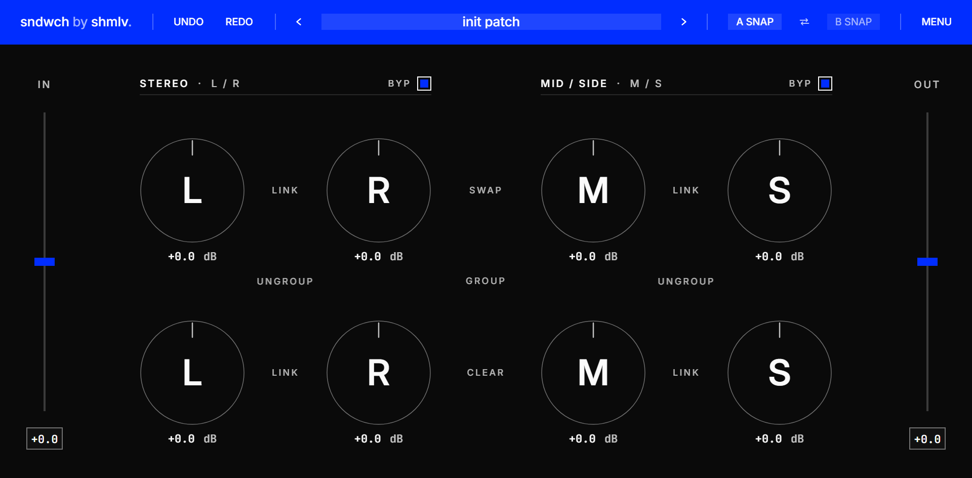 sndwch plugin interface: electric-blue header, IN and OUT trims, Stereo L/R and Mid/Side controls, A/B snapshots, and link/group actions.
